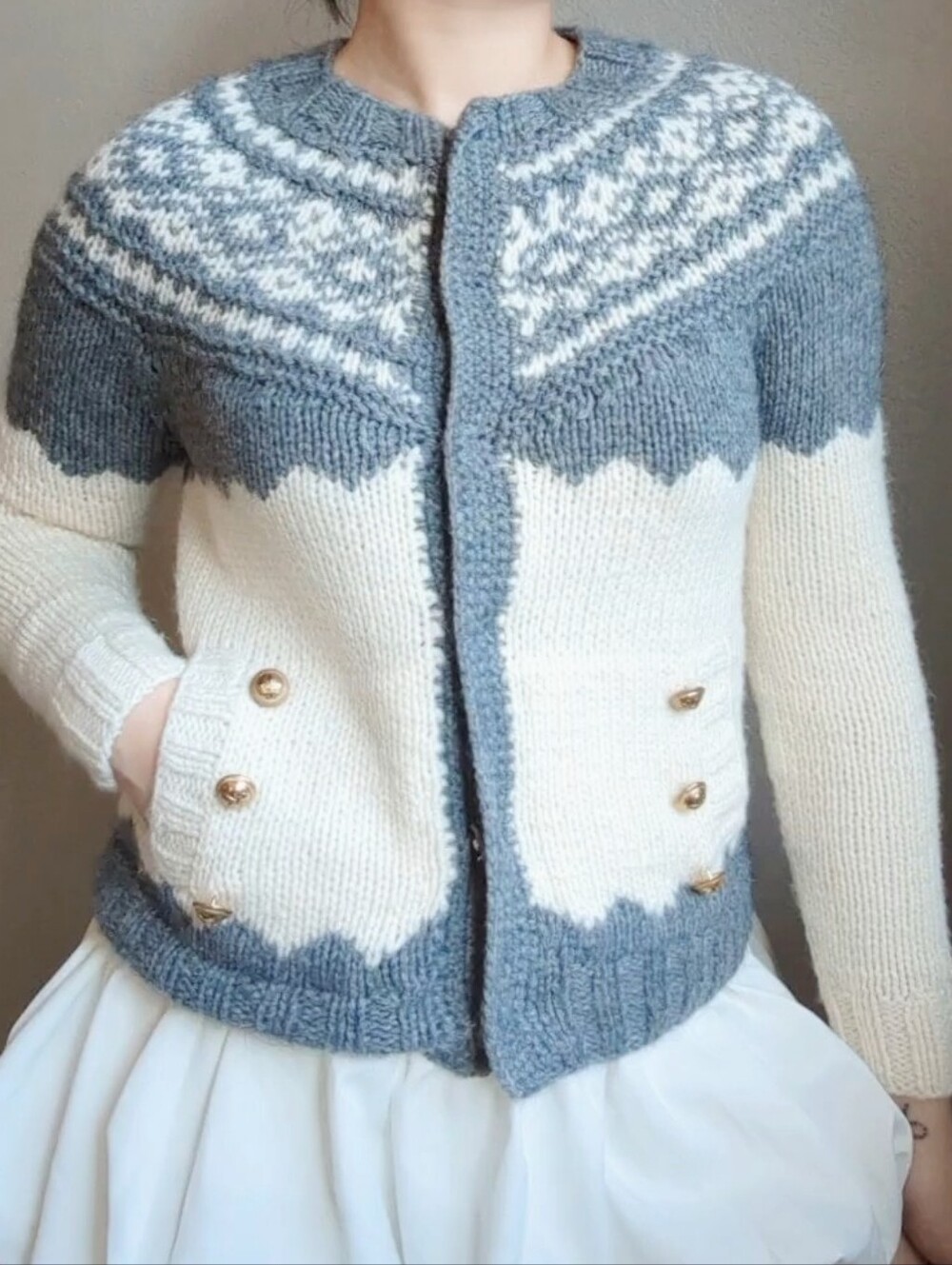 J. Crew Gray and Cream Nordic Yoke Cardigan with Gold Buttons